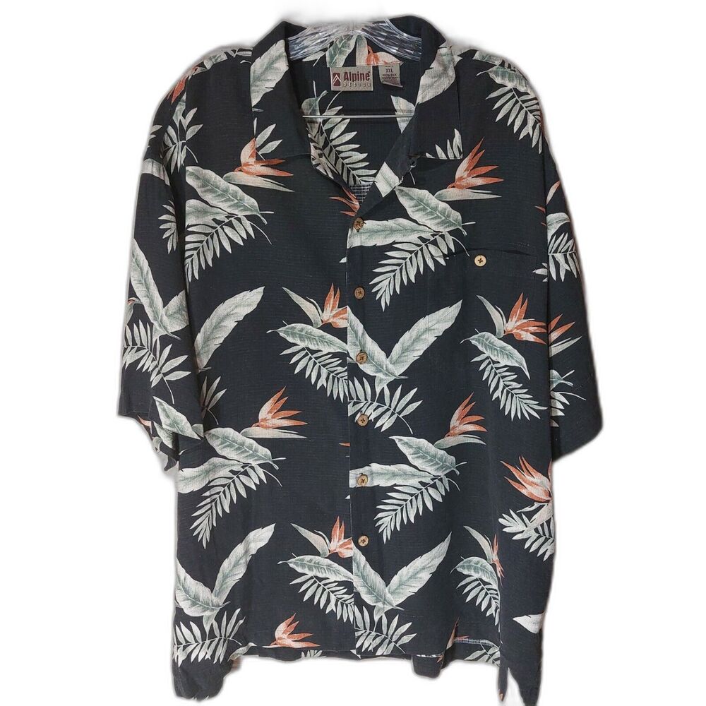 Alpine Design Hawaiian Shirt XXL Black Floral Tropical Bird of Paradise Button